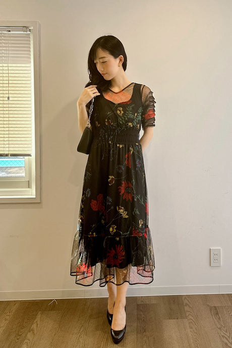 チュールフラワーワンピ/ブラック/F