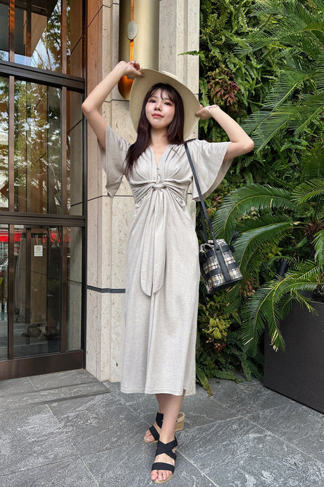 リネンライクホリデーワンピ/グレージュ/S