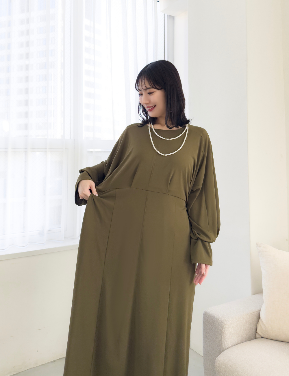 CINEMATIQ ウエストリボンワンピ カーキ ディティール