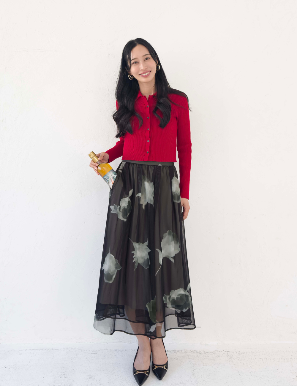 CINEMATIQ オーガンジースカート ブラック 正面 モデル着用