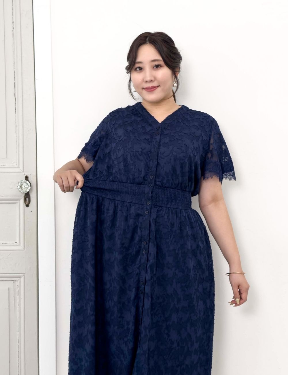 CINEMATIQ カットジャガードワンピ ネイビー ディティール