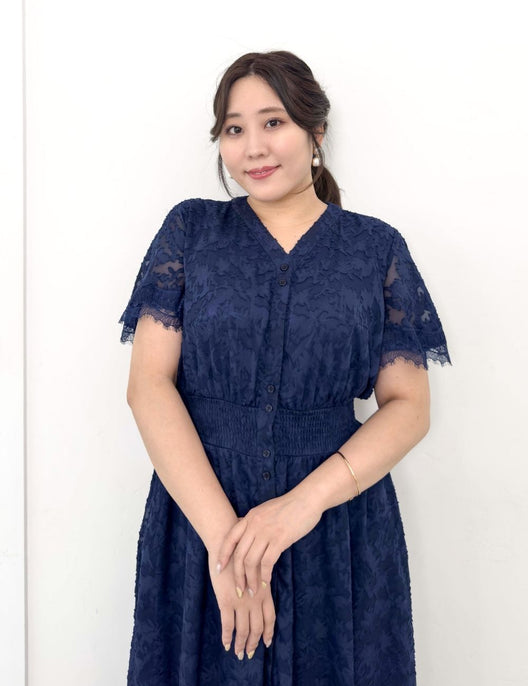 CINEMATIQ カットジャガードワンピ ネイビー ディティール