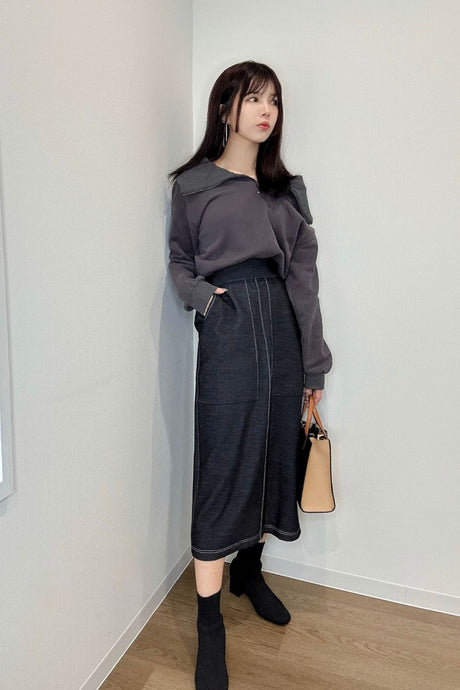 【ベーシックライン】デニムライクスカート / ブラック / S