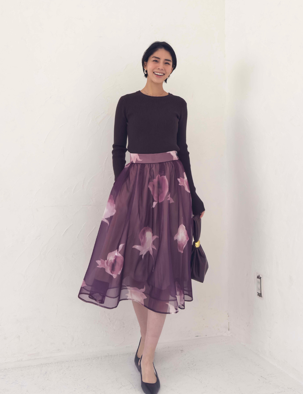 CINEMATIQ オーガンジースカート パープル 正面 モデル着用