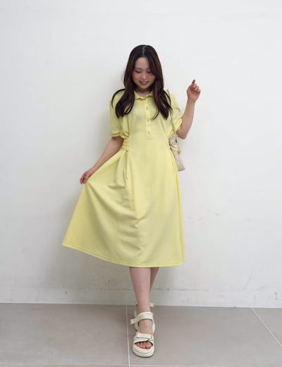 CINEMATIQ リアルフリーポロワンピ イエロー 正面 モデル着用