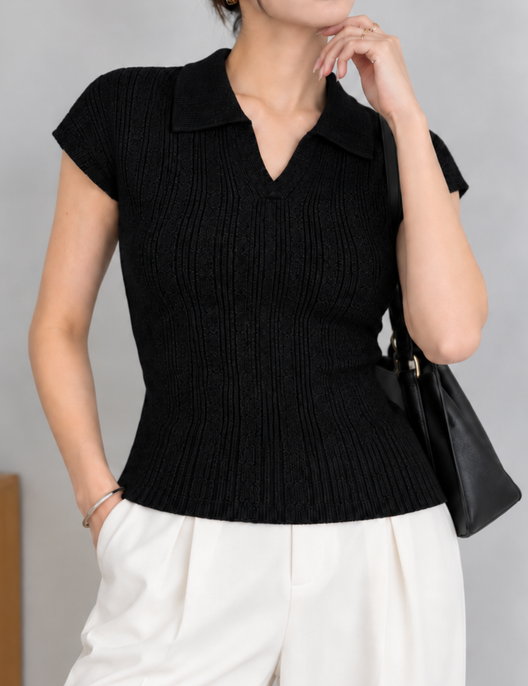 襟付きフレンチスリーブニット