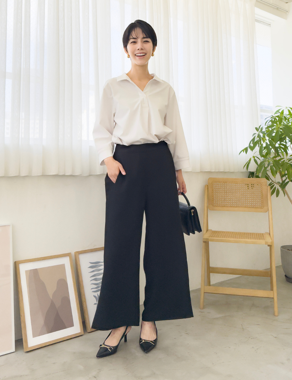 Side pleated straight pants