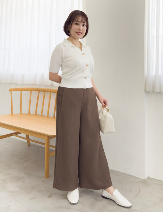 CINEMATIQ サイドプリーツストレートパンツ ブラウン 斜め モデル着用