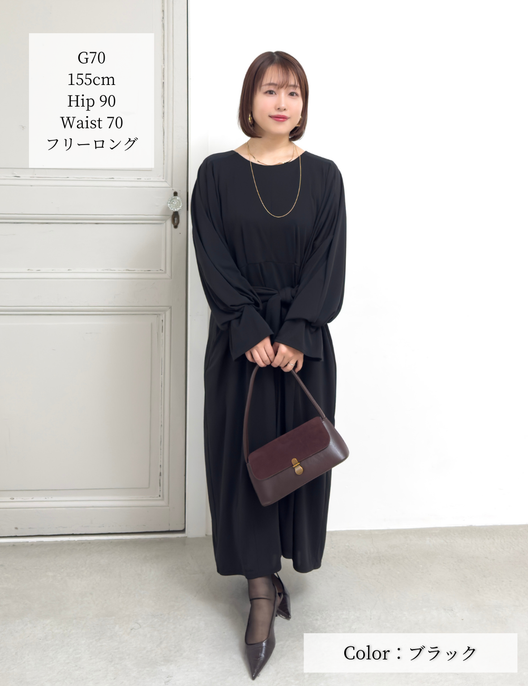 CINEMATIQ ウエストリボンワンピ ブラック 正面 モデル着用