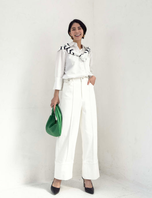 CINEMATIQ 【カイハラデニム】アジャスタブルストレッチジーンズ ホワイト 正面 モデル着用