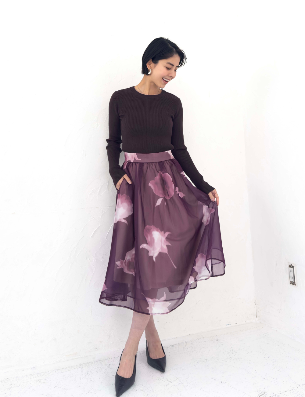 CINEMATIQ オーガンジースカート パープル 正面 モデル着用