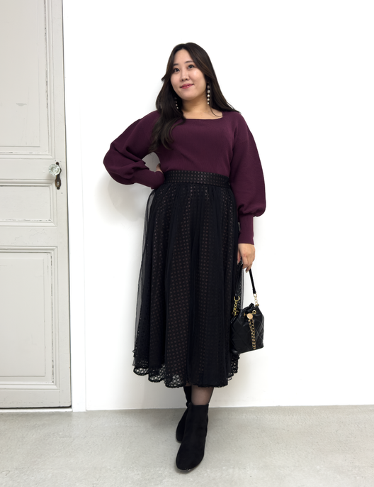 CINEMATIQ チュールレイヤードスカート ブラック 正面 モデル着用