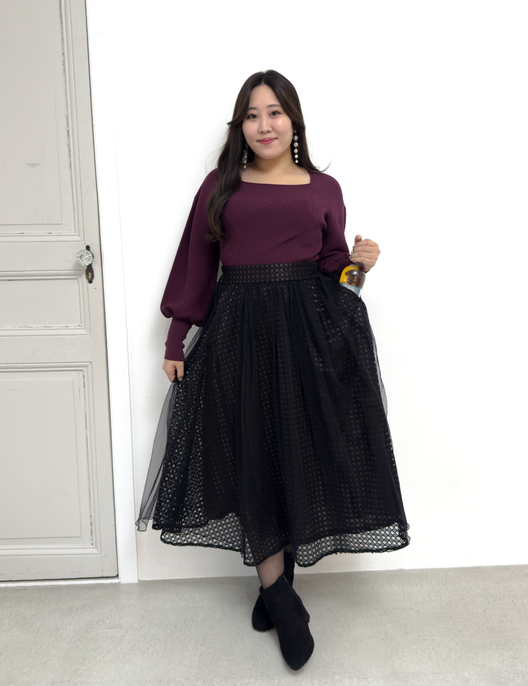 CINEMATIQ チュールレイヤードスカート ブラック 正面 モデル着用