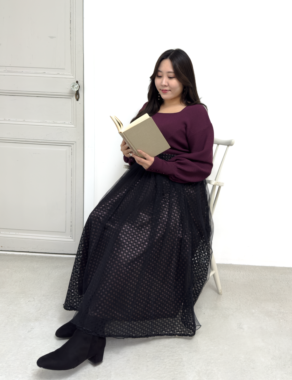 CINEMATIQ チュールレイヤードスカート ブラック 斜め モデル着用