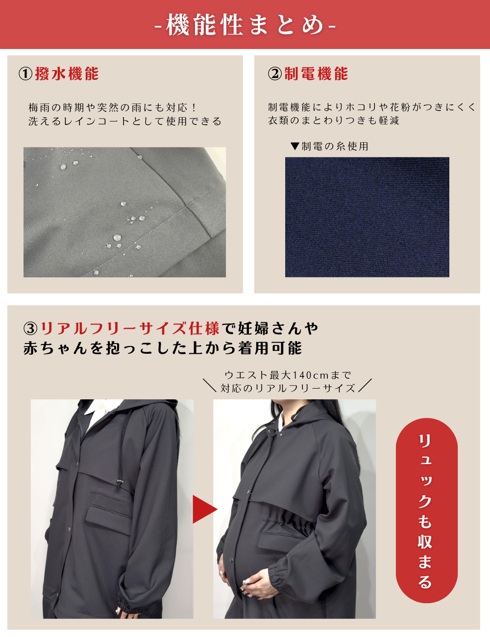 CINEMATIQ 【日本製制電生地】デイリーBAGレインコート 機能説明