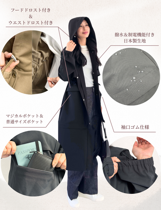 CINEMATIQ 【日本製制電生地】デイリーBAGレインコート ブラック 機能説明