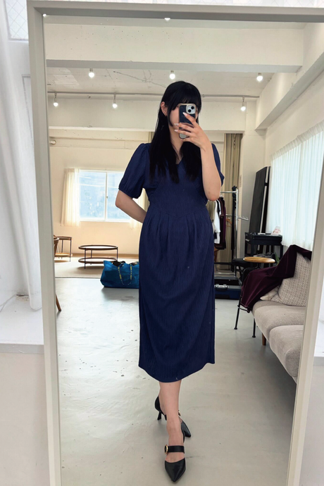 ナチュラルプリーツワンピ/ネイビー/F