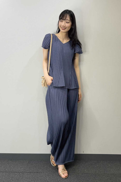 【セットアップ可能】2WAYプリーツペプラムトップス/ブルー/F